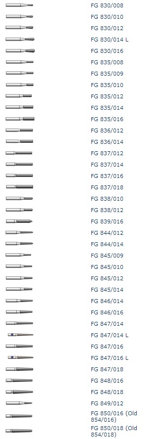 Боры алмазные турбинные стандартные типа FG Standart (1), FG830-FG850
